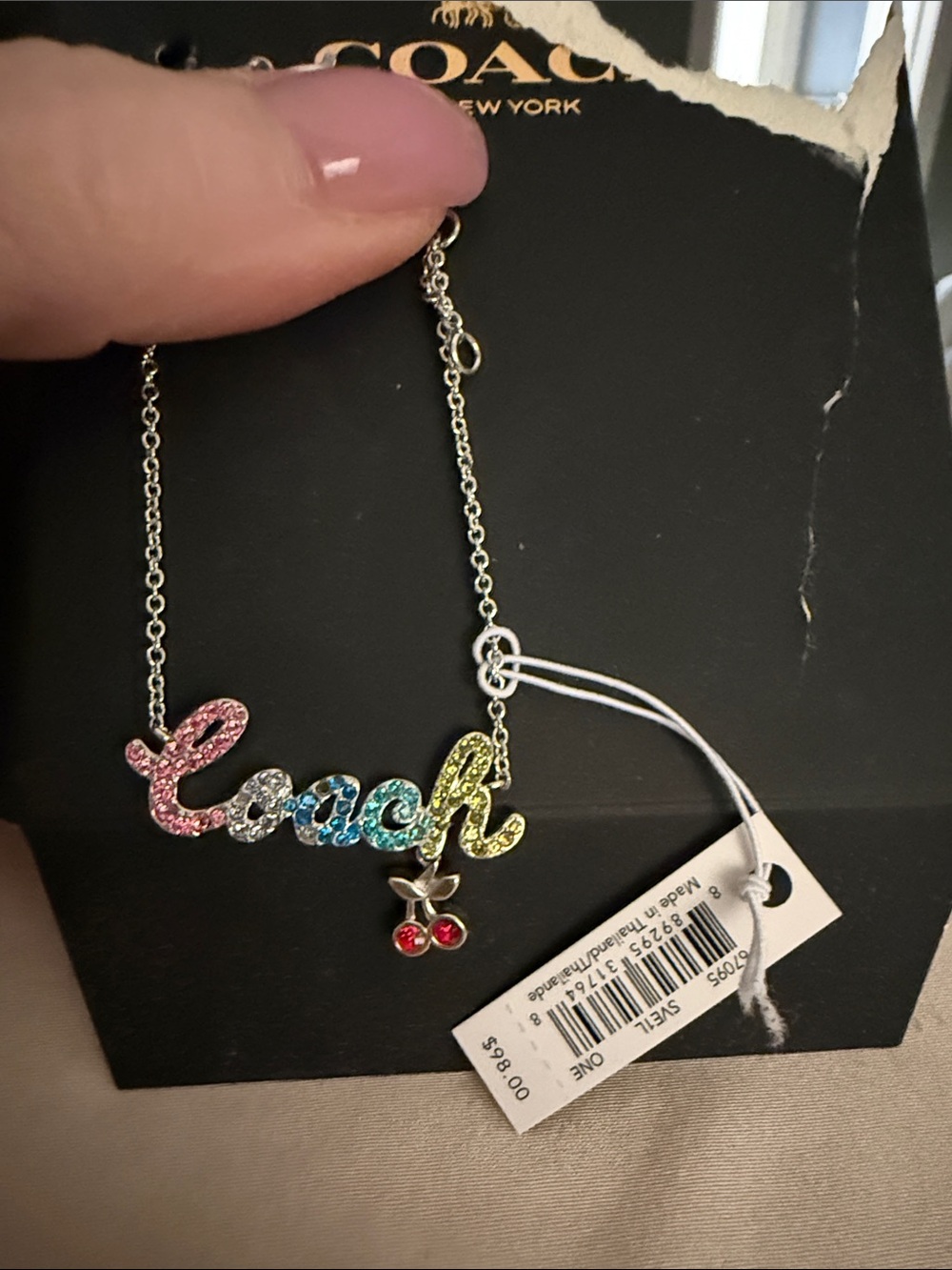 Coach Multicolor Crystal Script Necklace with Red Cherry Charm